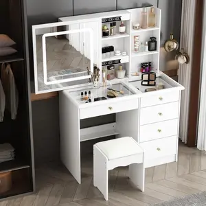 Vanity Desk Set Makeup Table with Large Sliding Lighted Mirror & Glass Top, Modern Dressing with Drawers, Storage Shelves & Stool for Bedroom, White makeupvanityset large drawer tabitha room decor vanity table small