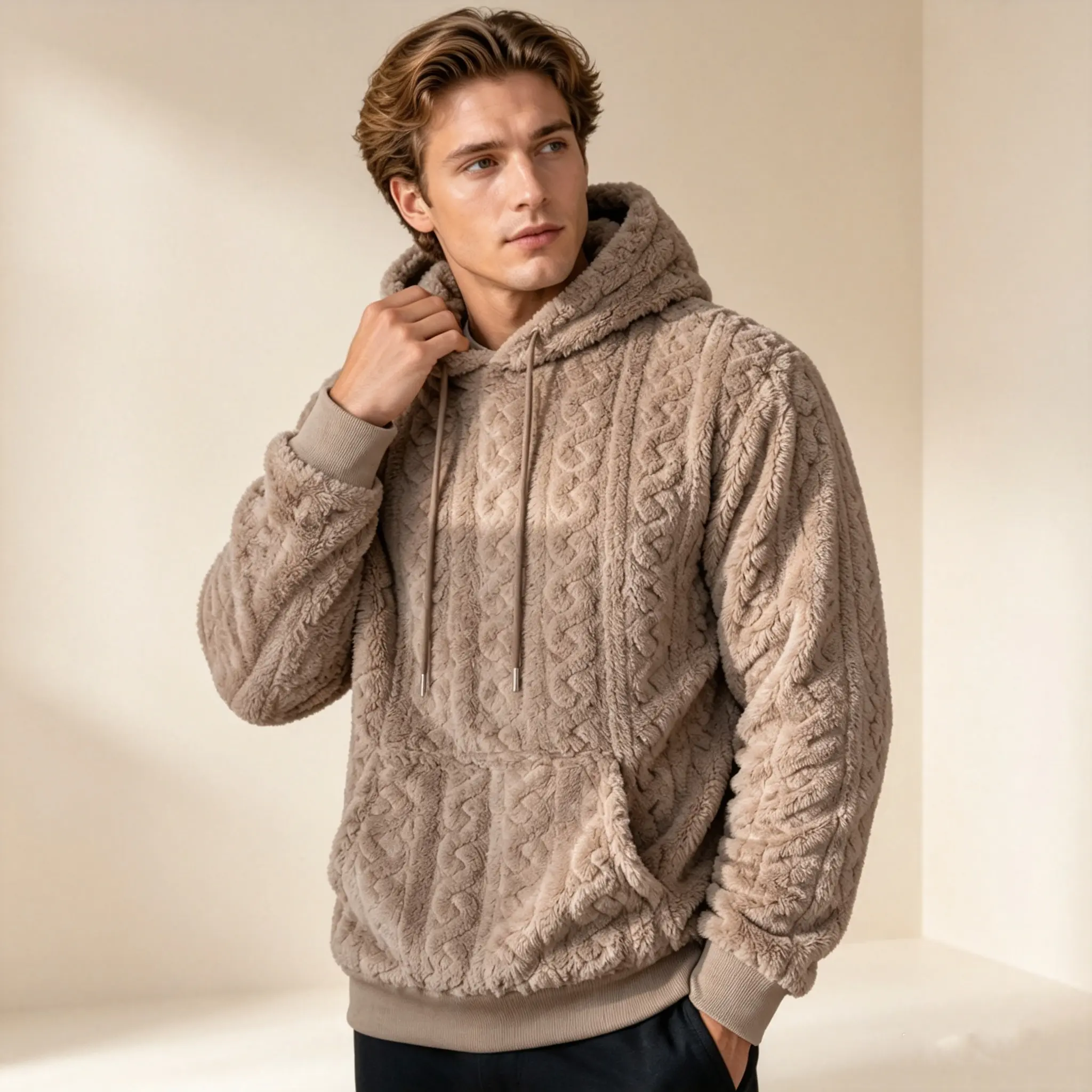 Men’s cable-texture fuzzy fleece hoodie — soft plush, warm pullover hooded sweatshirt with kangaroo pocket; casual winter cozy top