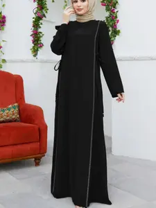 Women's Loose Round Neck Long Sleeve Side Drawstring High Waist Casual Dress, Comfortable Fit, Perfect for Daily Wear, Hijabi Cute Dresses