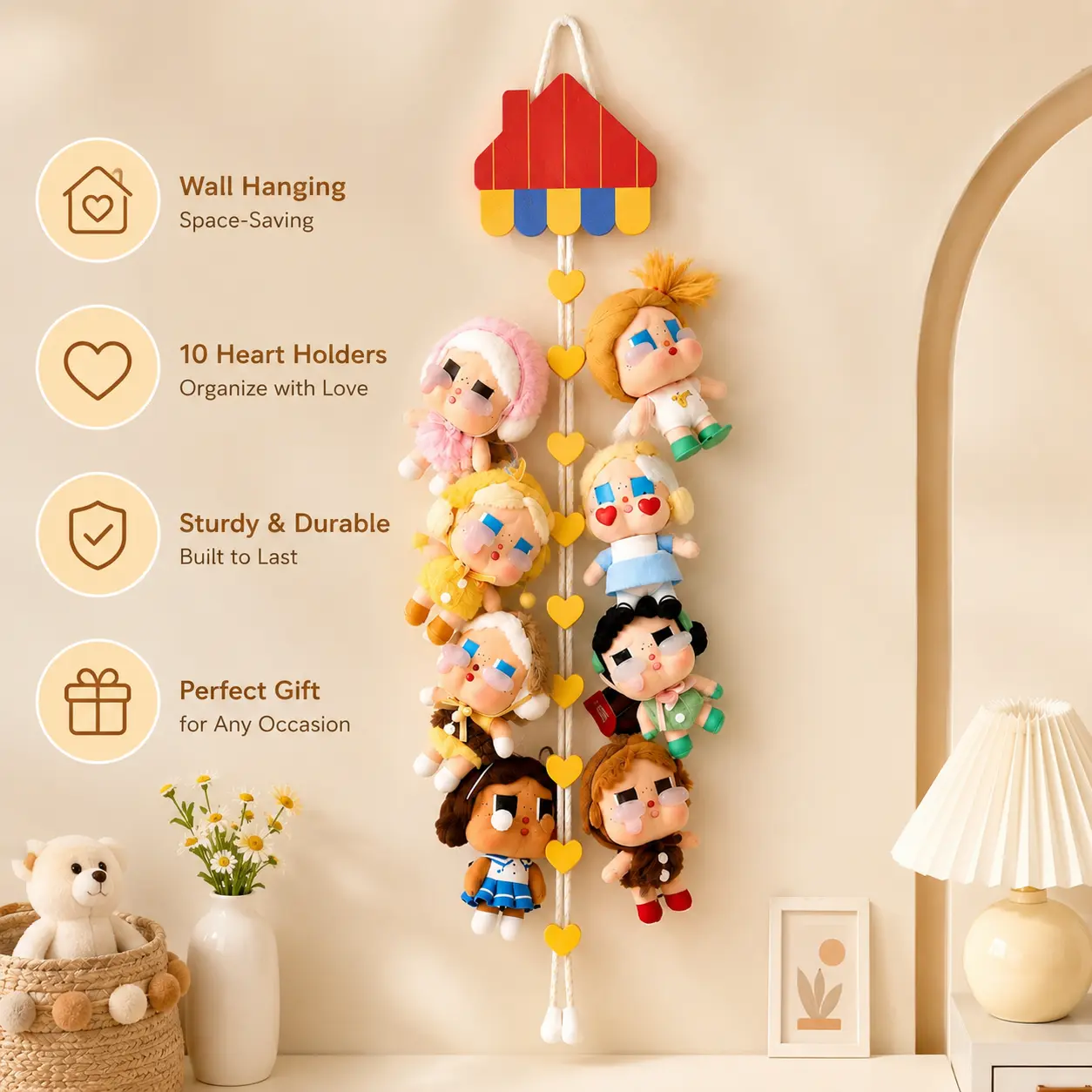 Cartoon Felt Doll Hanging Organizer - 1 Count Vertical Wall-Mount Strap with Heart-Shaped Hooks, Home Decor for Storing Small Plush Figurines