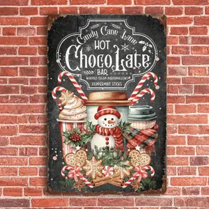 1pc Vintage Hot Cocoa Metal Sign - Heavy-Duty Iron Retro Winter Wall Decor with Snowman, Candy Canes, Hot Chocolate Late Bar - Indoor/Outdoor Decoration for Home, Cafe, Valentine's, Anniversary Gift For Cocoa Lovers - Nostalgic Holiday Art