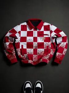 Men’s Red & White Checkered Spray Paint Zip-Up Jacket — Streetwear Bomber Jacket with Graffiti Print and Collar, Y2K Hip Hop Oversized Racing Coat