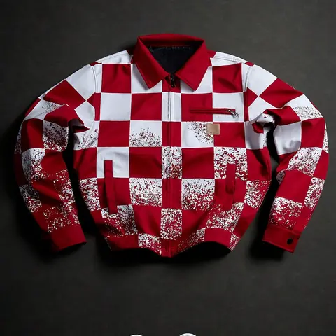 Men's Red & White Checkered Spray Paint Graphic Zip-Up Bomber Jacket - 2000s-Inspired Streetwear Knitting Coat with Graffiti Print, Collar, Lightweight Outerwear Alternative
