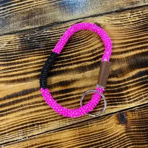 Hand Crafted Black and Hot Pink Wristlet Keychain with Beaded Design and Brown Leather band