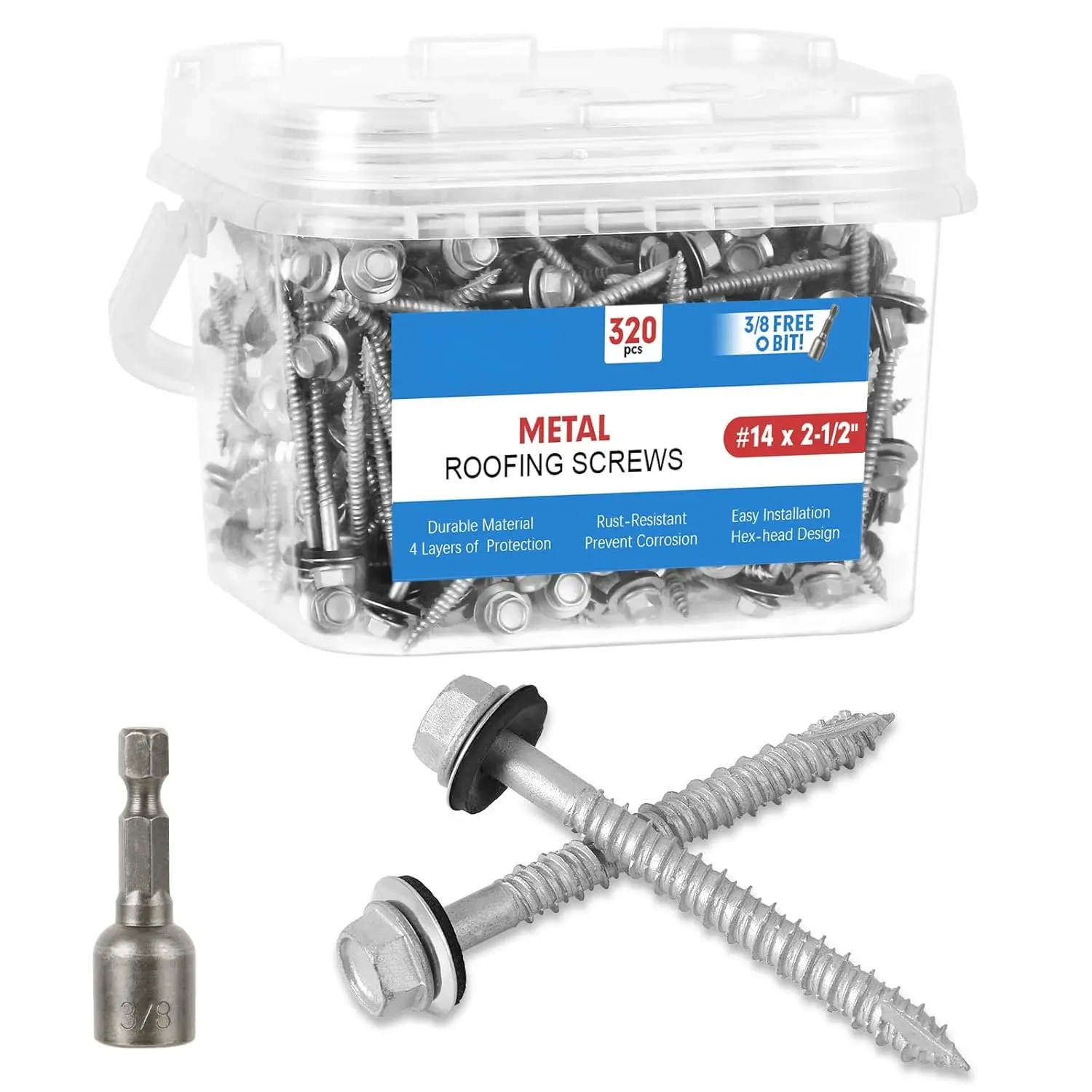 Metal Roofing Screws #14x2-1/2Inch, 320-PCS, Hex  Rustpert Coating Sheet Metal to  Siding Screw with EPDM Rubber Washer,  Point, Hex Socket Included