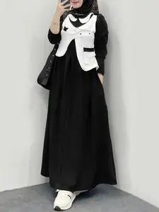 ZANZEA Women's Casual Dress with Butterfly Embroidery, Two-Piece Colorblock Patchwork Long Sleeve, Doll Collar, Perfect for Daily