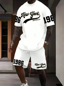 Summer Men's Street Style New York Letter Print Short Sleeve Set Outfit, Breathable Comfort Sport Casual T-Shirt and Shorts Two-Piece Set Streetwear