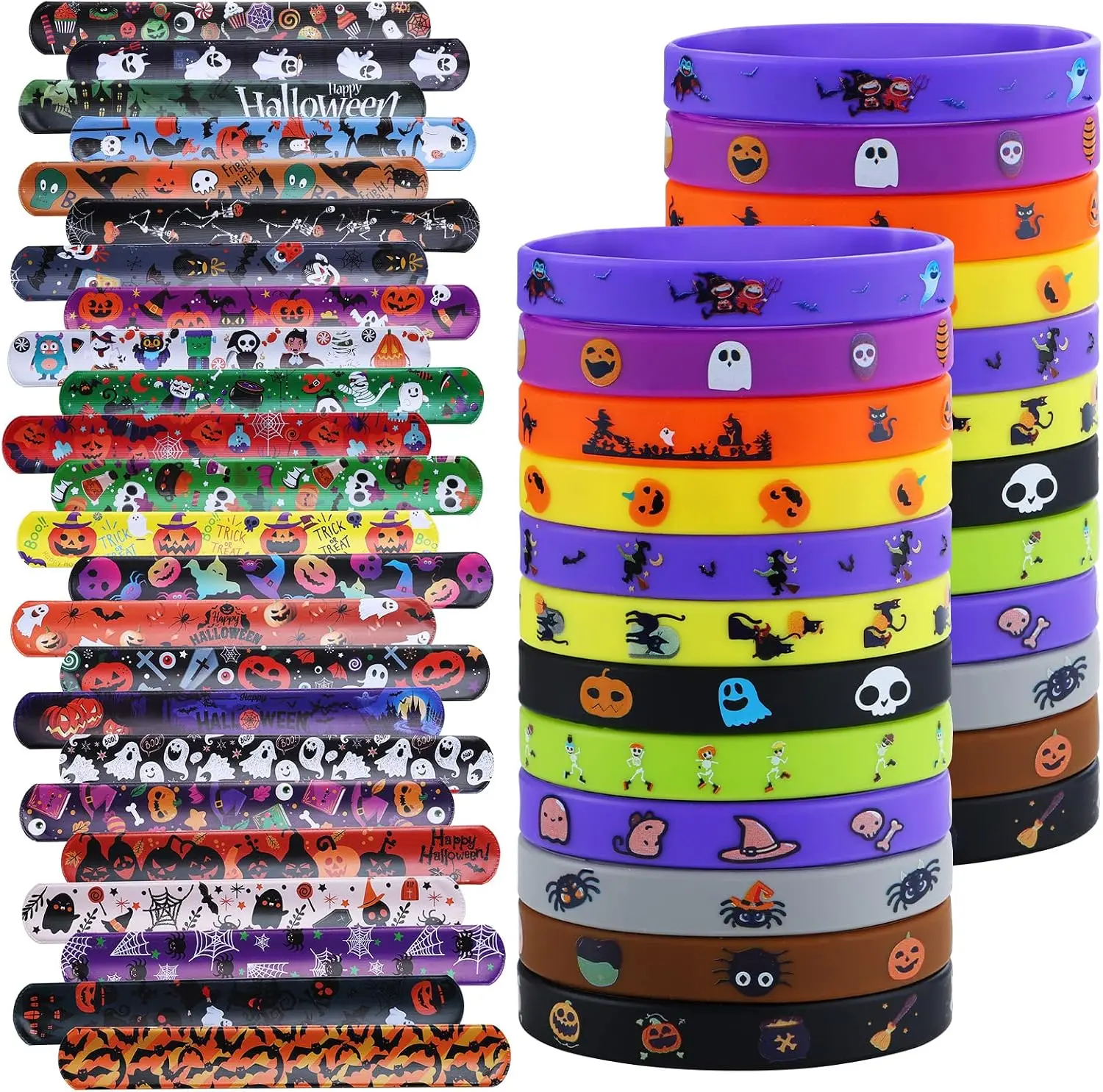 48Pcs Halloween Party Favors Decorations Slap Bracelets Rubber Wristbands, Trick or Treat Party Favors, Classroom Prizes, Halloween Party Gift Treat Bag Filler Supply