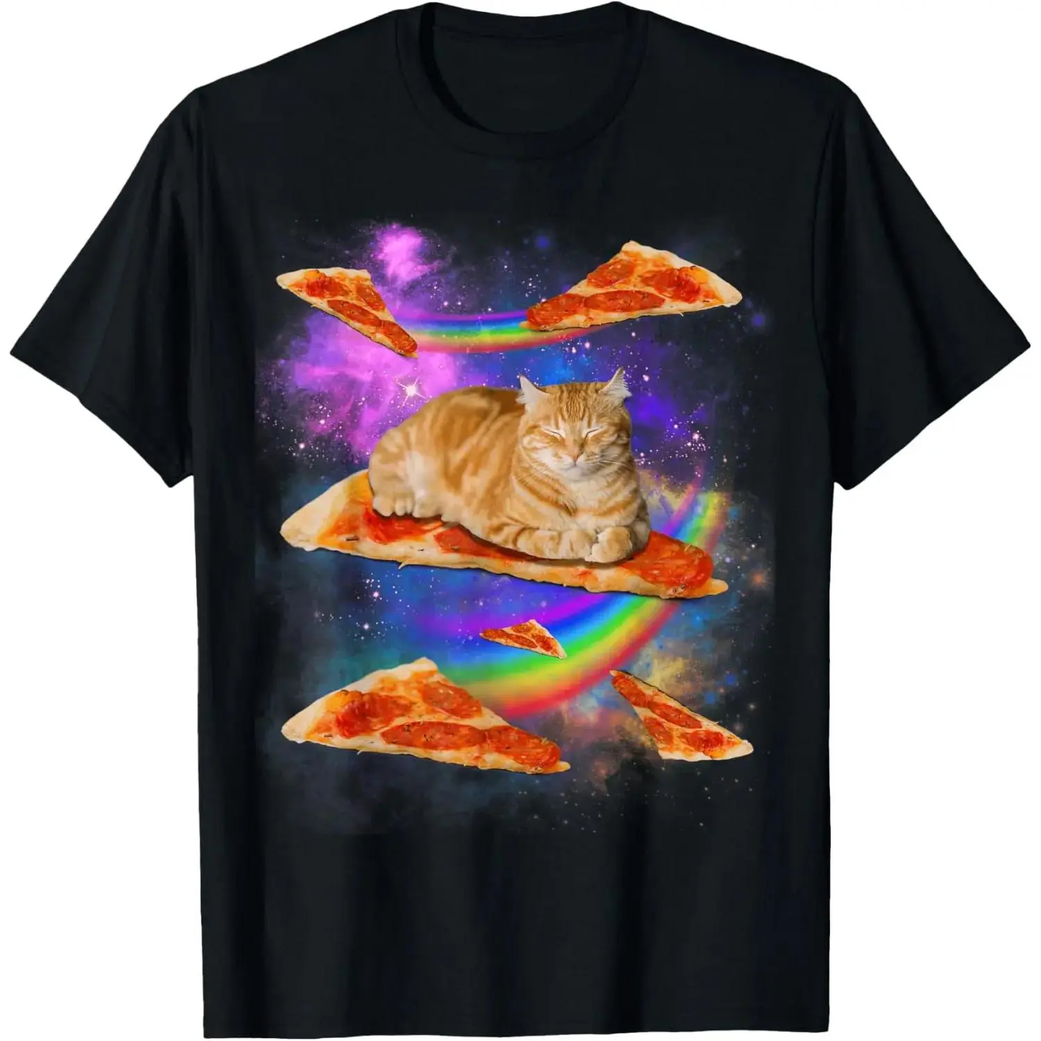 Unisex Galaxy Cat & Pizza Print Crew Neck T-Shirt - Colorful Streetwear Stylish Short Sleeve Casual Top, Soft Breathable Sports Tee for Cartoon Lovers, Party, Daily Strolls, Fade/Peel-Resistant, Durable Fabric, Round Neck, Regular Cut