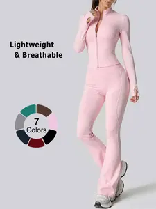 Women’s 2 Piece Workout Set Solid Color Zip Up Long Sleeve Jacket with Thumb Holes Comfortable Breathable Four Way Stretch Buttery Soft High Waist Tummy Control Butt Lifting Flare Leggings Yoga Set for Gym Outdoor Running Cycling Casual Fitness Outfit