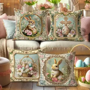 Easter Bunny Floral Egg Pattern Pillow Covers Set, 4pcs 45x45cm Decorative Cushion Cases, Hidden Zipper, Indoor Outdoor Use