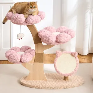HITTITE Flower Cat Tree, 37" Wood Branch Cat Tower, Pink Cloud Cat Tree with Scratching Post for Indoor Adult Cats, Luxury Cat Tree with Cat Scratch Pad & Interactive Squeaky Hanging Toy