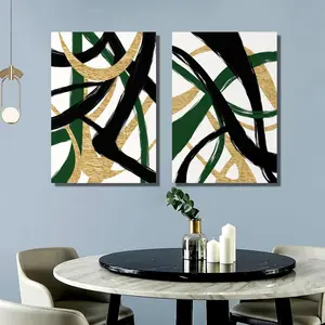 Black Gold and Green Wall Art, Abstract Stripes Canvas Poster Print, Modern Simple Geometric Wall Decor for Living Room Bedroom Office Decorative Painting Wood Frame 16" x 24" x 2 Ornaments Artistic Decoration Photo