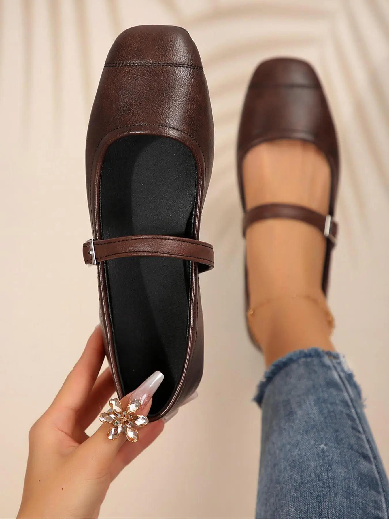 Women's Fashionable Solid Color Square Toe Mary Jane Shoes, Casual Comfortable Brown Buckle Design Shoes for Daily Wear, All Match Shoes for Daily Wea
