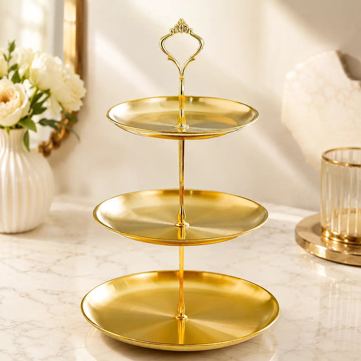 3-Tier Gold-Plated Stainless Steel Dessert Stand, Elegant Tiered Serving Tray for Cupcakes, Pastries & Fruits, Luxury Decor for Weddings & Birthday Parties, Cake Stands For Party, Cupcake Serving Tower