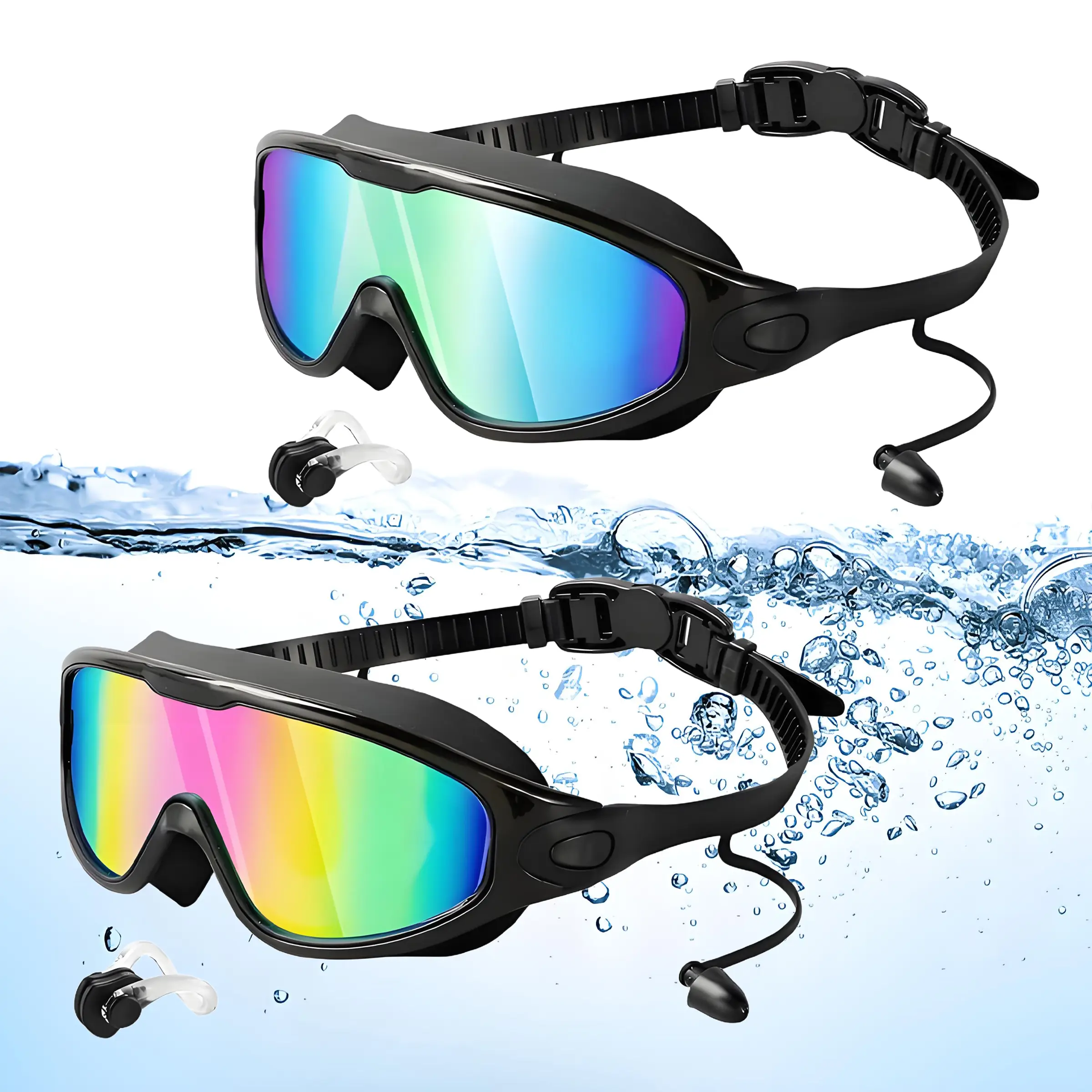 2 Pack Swim Goggles for Adults & Kids - Anti-Fog Full-Coverage, 3-Color UV Lens, Waterproof Earplugs & Nose Clip, Fit Outdoorfun