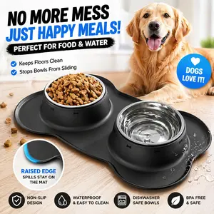 No Spill Dog Food Bowl Stainless Steel & Water Dish Set Anti-Skid Non-Slip Pet Feeder for Small Medium Large Dogs Cats Puppies Mess-Free Heavy Duty Durable Feeding Station Indoor Outdoor Use Easy Clean Pet Bowl System Black