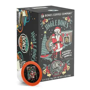 Bones Coffee Company | Jingle Bones Coconut Caramel Vanilla Flavored Coffee Pods 12 Count Medium Roast Keurig Compatible Bones Coffee Company | Jingle Bones Coconut Caramel Vanilla Flavored Coffee Pods 12 Count Medium Roast Keurig Compatible