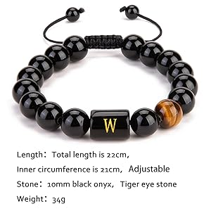 Initials Bracelets for Men Letter Link Handmade Natural Black Onyx Tiger Eye Stone Beads Braided Rope Meaningful Bracelet