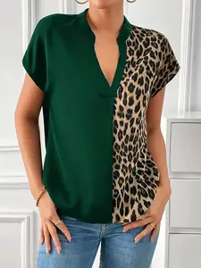 Elegant Women's Casual Patchwork Leopard Print Short Sleeve Batwing V-Neck Plus Size Top, Stylish Ladies' Fashion Blouse for Daily Wear
