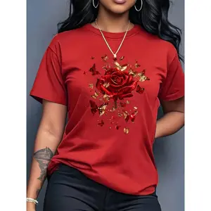 Women'S Floral Red Rose & Butterfly Print T- Shirt, Casual Crew Neck, Short Sleeve,Regular Length, All Seasons Tee - 100% Polyester