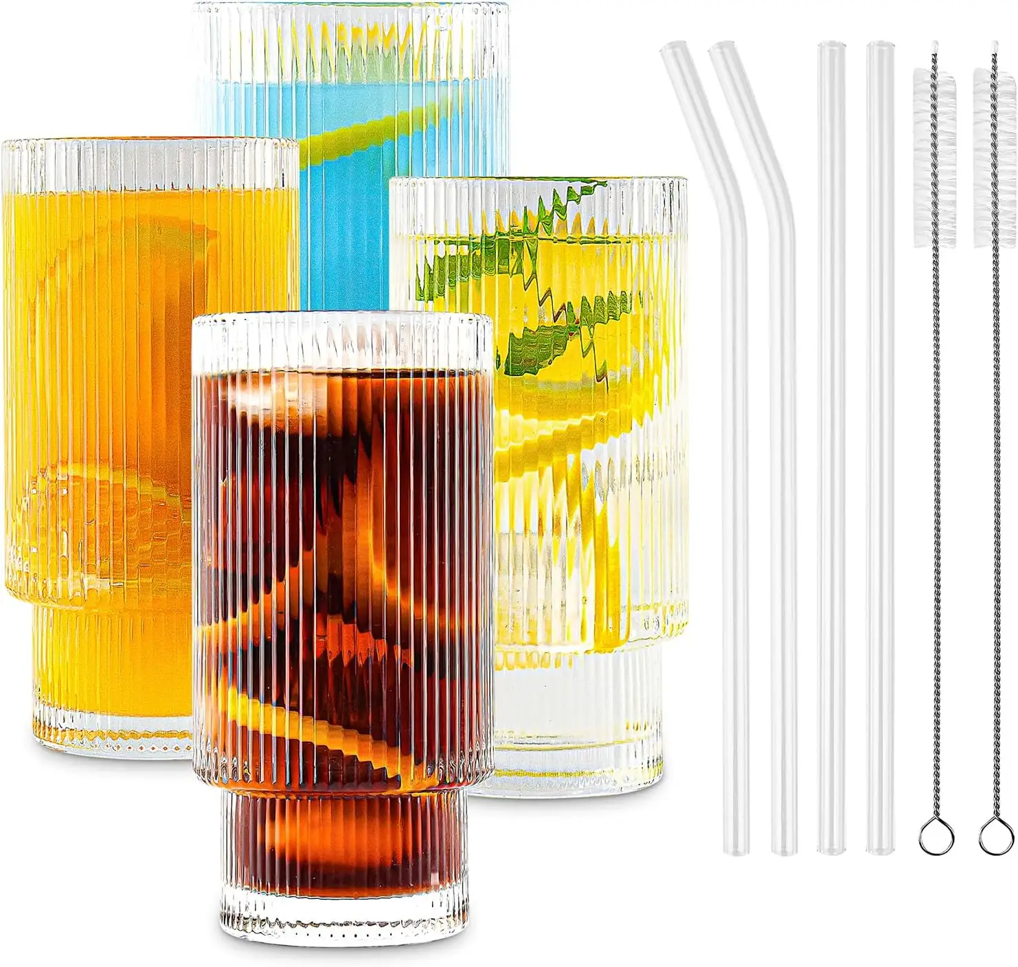 4 pcs Ribbed Glassware Vintage Drinking Glasses with Straws ,Clear Fluted Ripple Glass Cups 12oz,Ribbed Iced Coffee Cups for Cocktail, Whiskey, Beer,