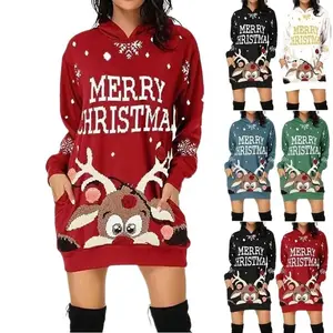 Women's Christmas Hooded Printing Casual Patchwork Long Sleeve Letter Snowflake Deer Above Knee Festival