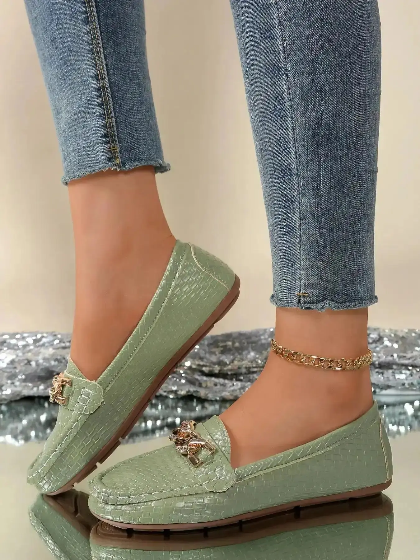 Women's Loaf Woven Texture Metal Buckle Daily Flats Slip Comfy Single Shoe Commute and Leisure Wear PU style street city walking workplace Airy Basic shoes Chic Snkrs Essential training lightweight responsive fashion