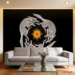 Large Horizontal 2D Flat Cloth Linen Tapestry Wall Hanging - Sun Circle Artwork Print Black Accents Modern Non-Luminous Home Decor, Gift for Bedroom, Living Room