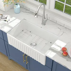 Lordear 30x18 White Farmhouse Sink - Reversible Farmhouse Fireclay Kitchen Sink 30 Inch Single Bowl Apron Front Sink 30x18x10 Inch Farm Farmer Style Glossy White Sinks