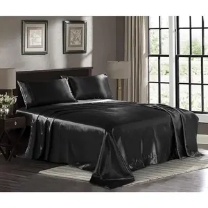 Satin Queen [4-, Black] Silky - Extra 1800 Microfiber Sheet, Wrinkle, Fade, Deep Pocket Sheet, Flat Sheet, Pillow Cases