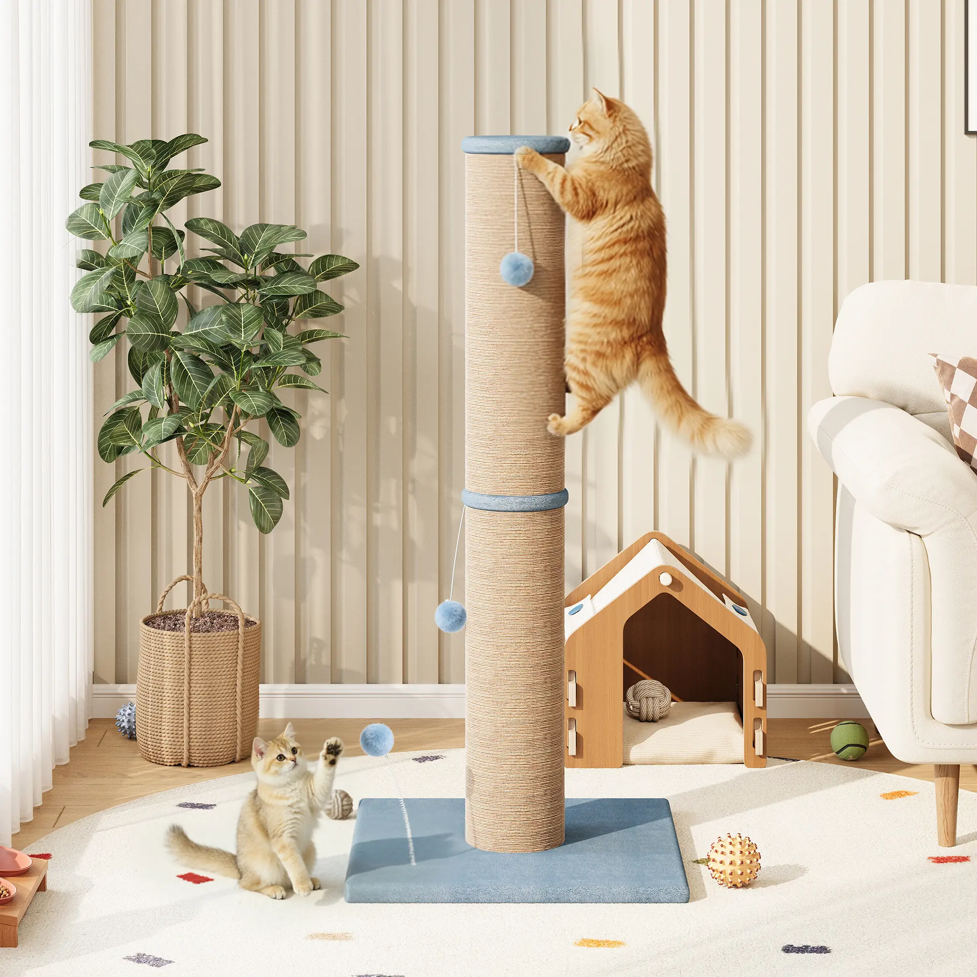 LIKIMIO Classic Modern Vertical Natural Sisal Scratcher Post - 41.7in Tall, 6.2in Diameter, 19.4×19.4×41.7in, Sturdy Base, Kitten to Adult Fit, Neutral Tone, Plush Lounging Fabric, Hanging Ball, Indoor Cat Furniture, Furniture Protector, Single Unit, 41.7