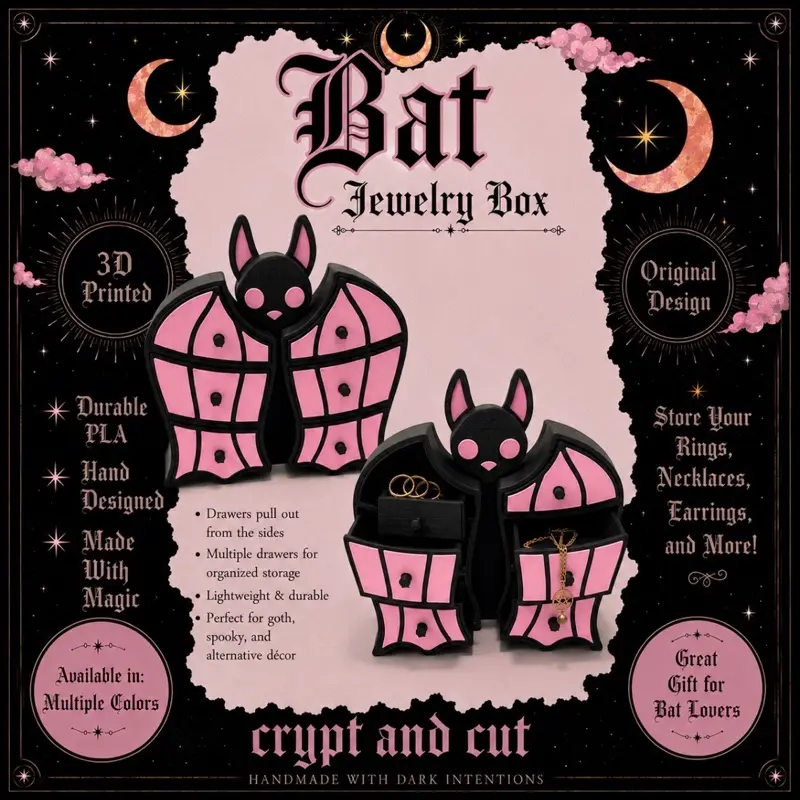 3D Printed Gothic Bat Jewelry Box | Spooky Jewelry Organizer & Trinket Storage