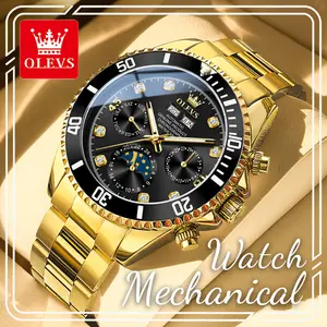 OLEVS 6729 Men's Automatic Mechanical Watch, Black Multi-Function Chronograph Dial, Luminous & Waterproof, Luxury Business Sports Watch