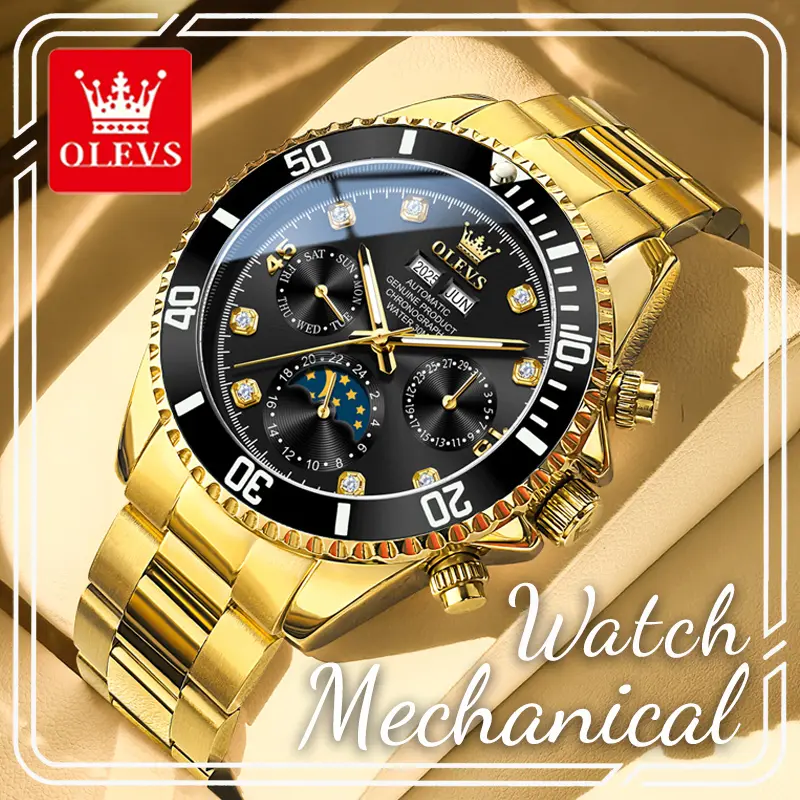 OLEVS 6729 Men's Automatic Mechanical Chronograph Watch - Black Multi-Function Dial, Luminous, Water Resistant Luxury Business Sports Watch, Water Resistant Watch