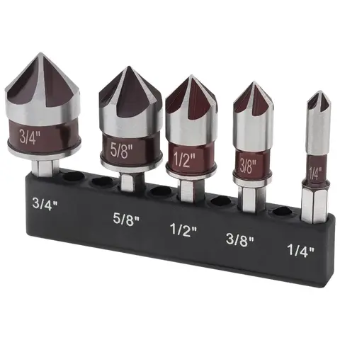 5PCS High-Speed Steel 5-Flute Smooth Cut Countersink Drill Bit Set - 82-Degree Angle, 1/4-In Quick Change Hex Shank w/Adapter, 1/4-Inch to 3/4-Inch Sizes, Efficient Drilling for Wood/Metal, DIY Enthusiasts Hand Tools Accessory
