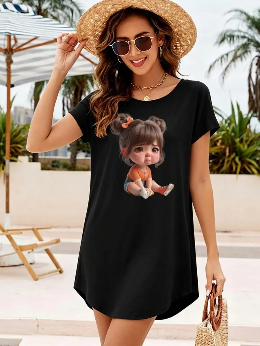 Women's Black Short Sleeve Tunic Dress - Breathable Blend, Relaxed Fit, Midi Length, Double Orange Bow Hair Cartoon Graphic, Viral TikTok Cute Moody Print, Flowy Curved Hem, Casual Sundress, Smooth, Minimalist, T-Shirt, Shortsleeve