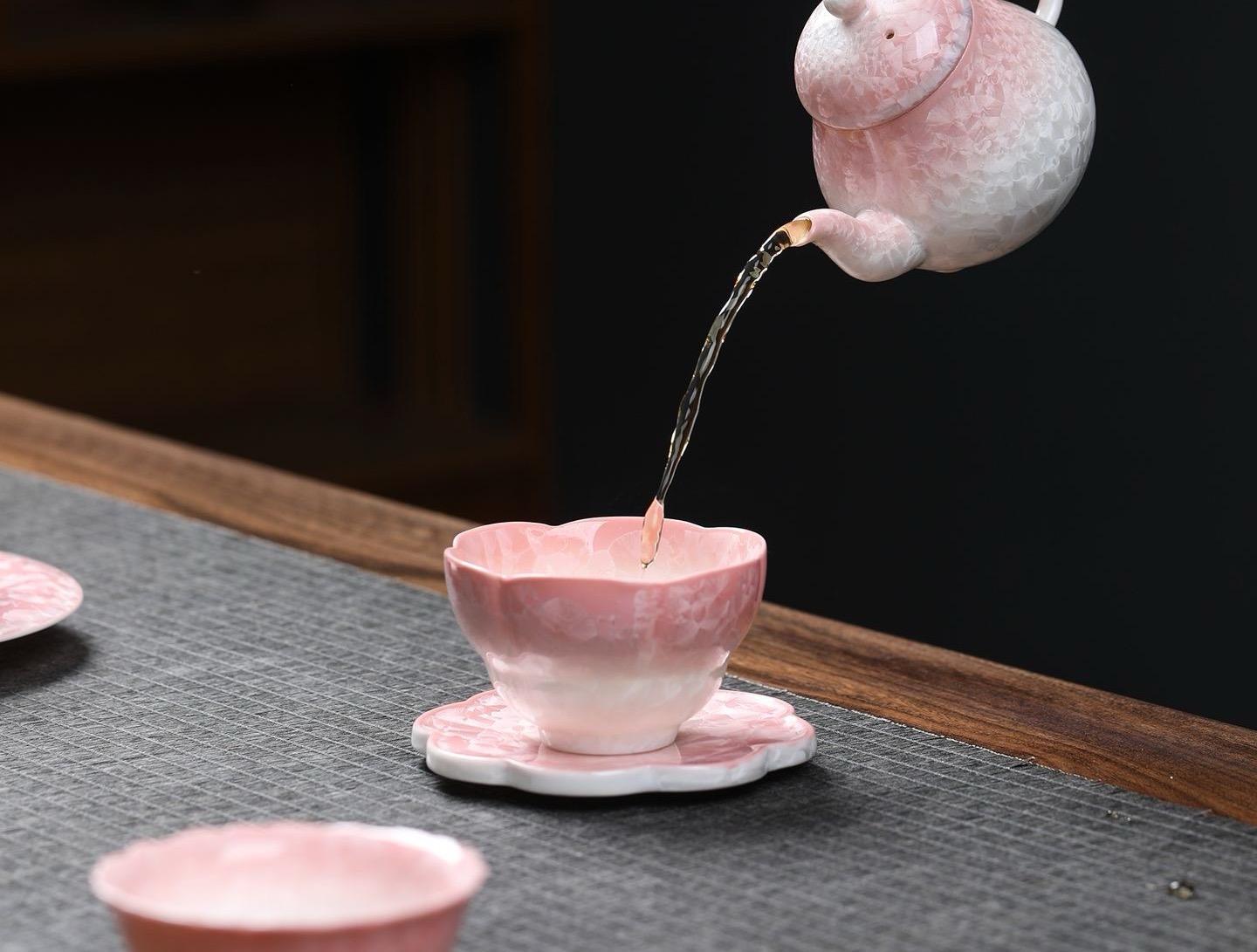 T18. Pink Crystal Glaze Ceramic Tea Set – Traditional Kung Fu Tea Set with teapot and teacups