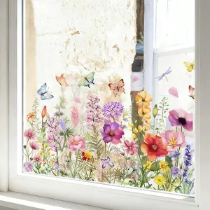 Flower Pattern Window Sticker, 1 Count Flower Design Colorful Natural Style Removable Waterproof Window Decal, Decorative Sticker for Home Window Office School, Decoration Items