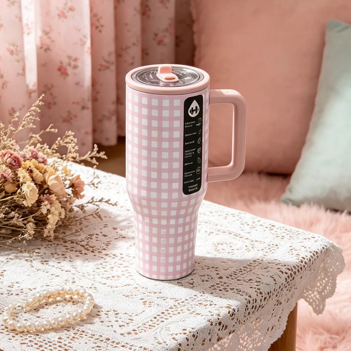 HydroJug Traveler 40oz Gingham Plaid Pastel Pink Insulated Stainless Steel Tumbler - Portable Reusable Leakproof Drinkware with Handle, Flip Straw Sip, Cup Holder-Fit, Rubber Base - Water Bottle for Women, Thoughtful Present