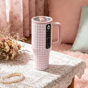 HydroJug Traveler - 40 oz Pastel Pink Gingham Water Bottle with Handle & Flip Straw - Fits in Cup Holder, Leak Resistant Tumbler-Reusable Insulated Stainless Steel & Rubber Base - Gifts for Women & Men