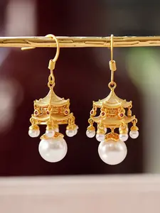 Women's New Oriental Palace Style Pagoda Temple Copper Plated Imitation Pearl Drop Earrings, Feng Shui Jewelry Gift
