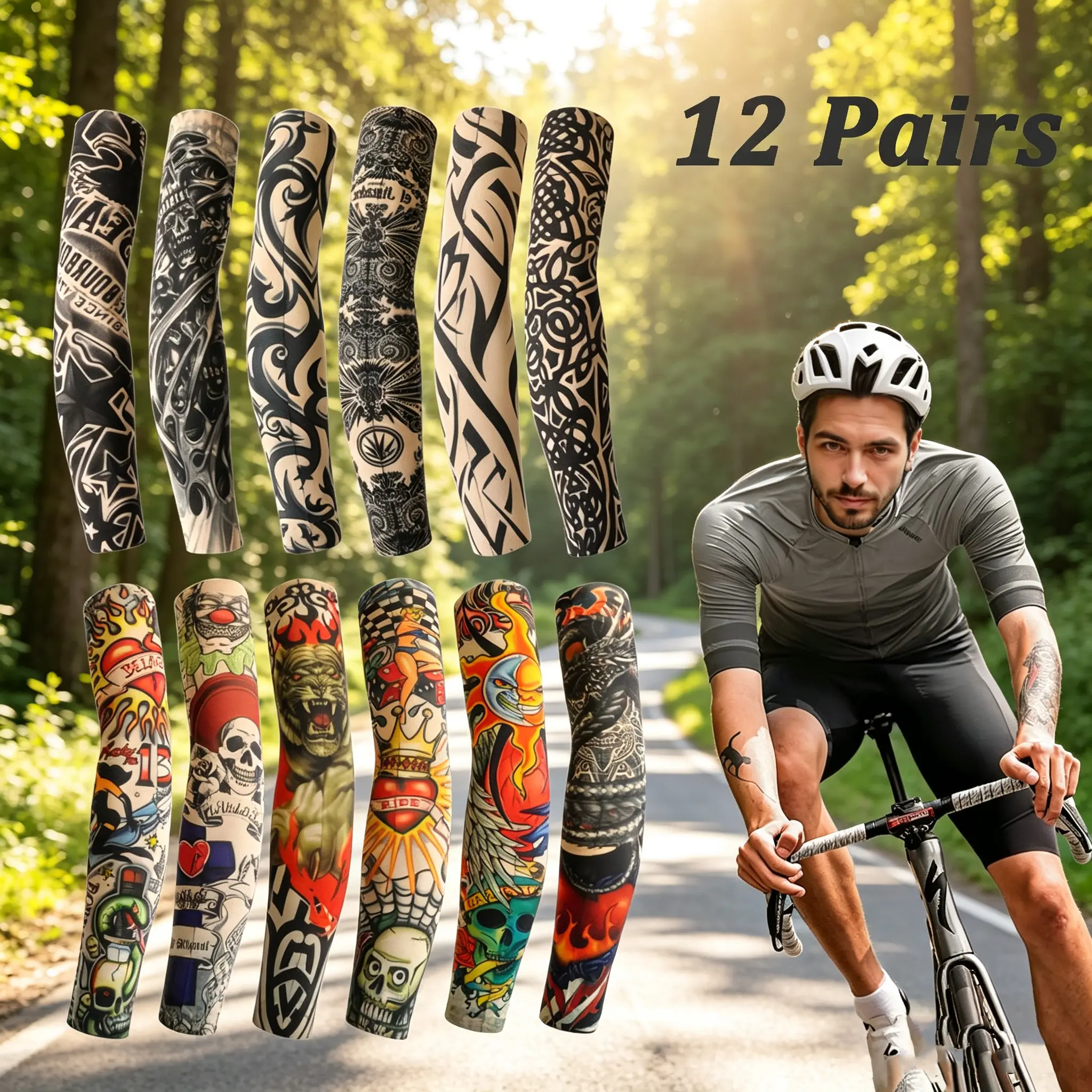 12 Pairs Fashion Tattoo Sleeves UV Sun Protection Compression Arm Sleeves Anti Slip Cooling Tattoo Sleeves for Men Women Breathable Outdoor Sports Skin Cover Up Basketball Golf Cycling Outdoor Sports