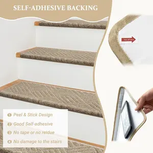 Carpet Stair Treads, 15 Pack Stair Treads Non-Slip Bullnose Stair Treads for Wooden Steps Adhesive Anti Slip Stair Treads Indoor Stair Treads for Elders, Kids, Pets (30x9.5x1.2 in, Khaki)