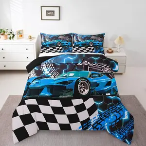 Feelyou Boys' Race Car Themed Bedding Set - Teal Neon Lights Design, Honeycomb Hexagon Comforter, Breathable Soft Microfiber Linens