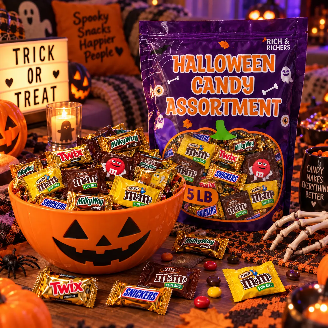 Rich & Richers Bulk Chocolate Candy Assortment - M&M's, Snickers, Twix, Milky Way Minis - 5LB Variety Mix for Halloween Trick or Treat Snacks