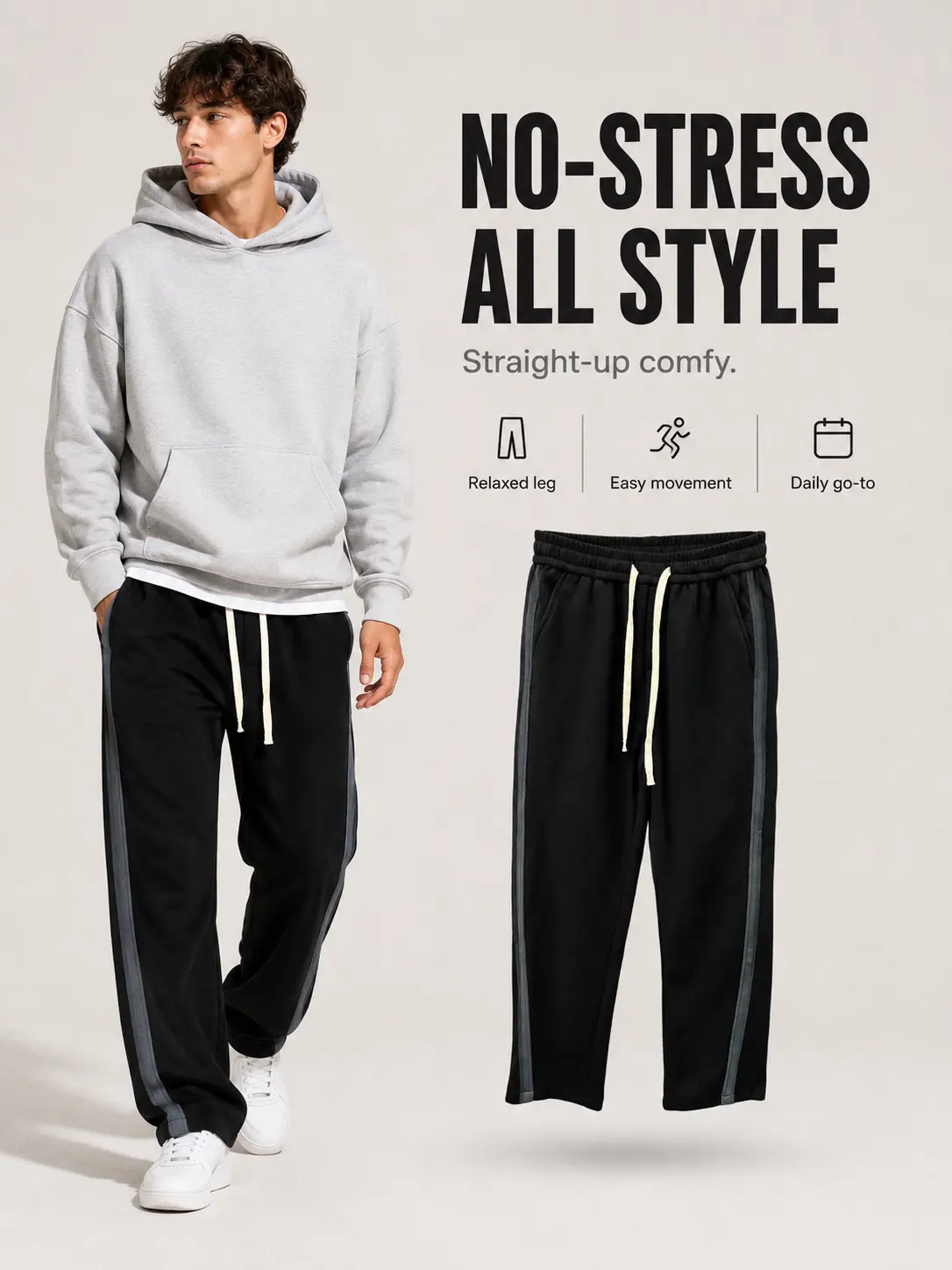 Men's 2-Pack Solid Sporty Chic Cotton-Spandex Oversized Sweatpants - Wide-Leg Cut, Elastic Waist Drawstring, Side Stripe, Comfortable Male Lounge Pants for Autumn Winter Workouts