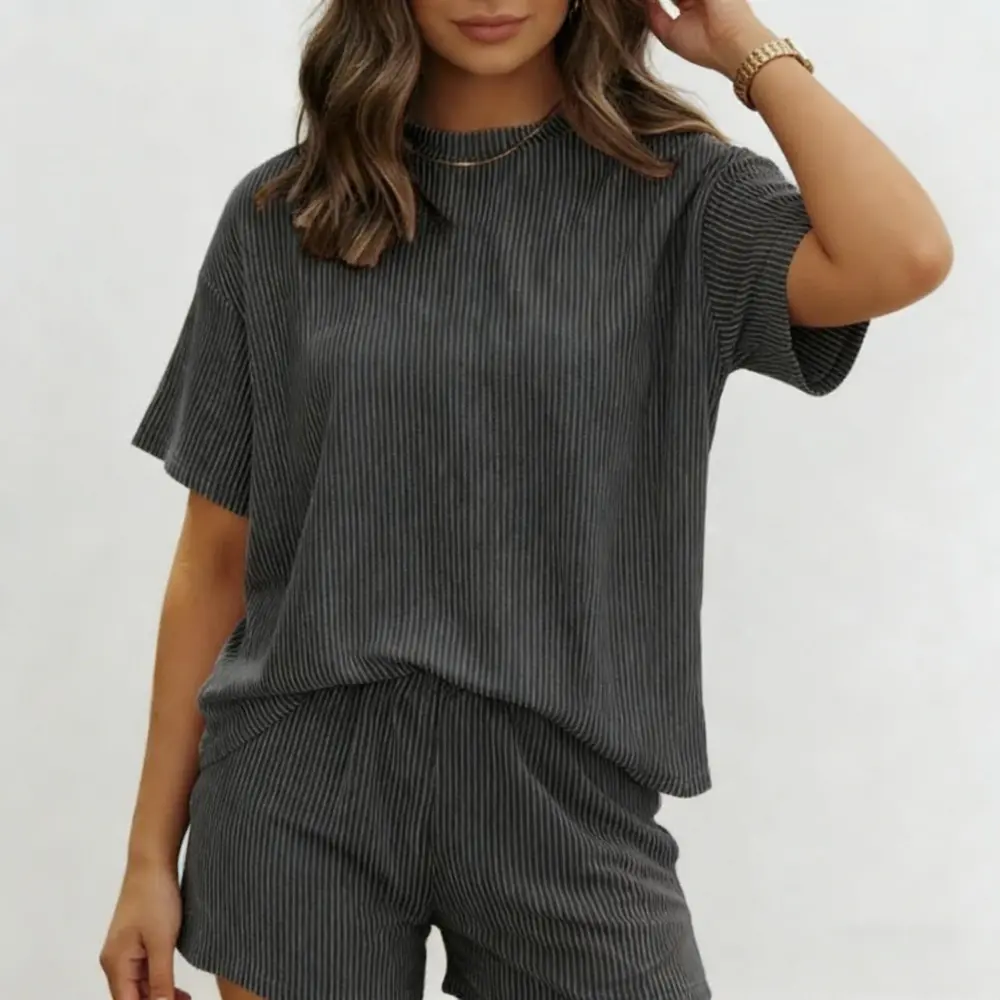2-Piece Set Women's Textured Rib Lounge Solid Color Casual Short Sleeve Top Shorts Pockets Loungewear Wear Comfortable Home, Basic, Coord Set, Versatile, Comfort, Style, Outfit, Essential, Trendy, Chic