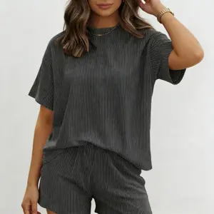 2-Piece Set Women’s Textured Rib Lounge Set Solid Color – Casual Short Sleeve Top & Shorts with Pockets Loungewear Mother’s Day Gift Idea