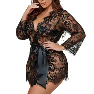 Women's Elegant Sheer Flora Eyelash Lace 3/4 Long Sleeve V-Neck Ribbon Short Mesh Robe,nightwear deals women Womenswear Nightwear Loungewear Gowns
